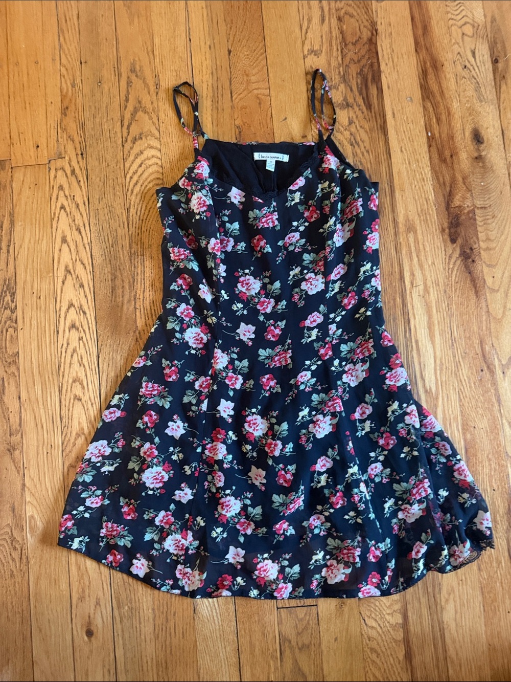 Lucca Couture Black Floral Spaghetti-Strap Dress with Pink and Cream Flowers